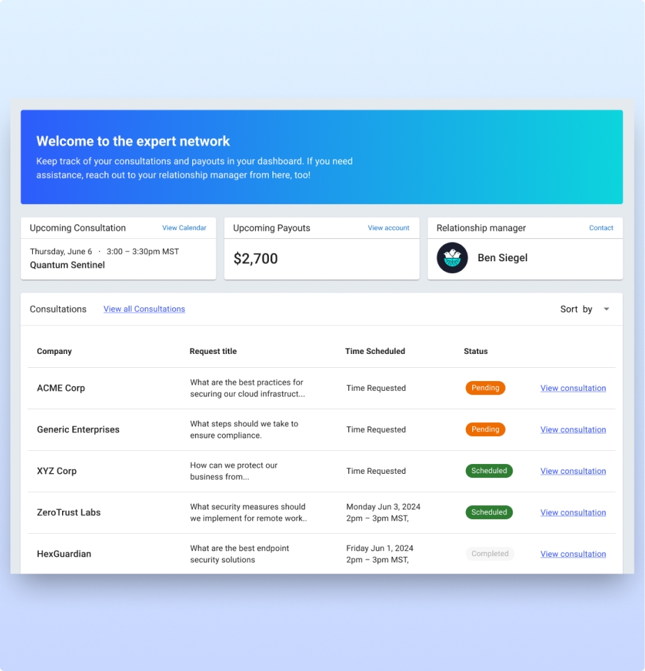 A user querying for an expert to help them navigate compliance in China, and being provided matching advisors with domain knowledge in Risk & Compliance.